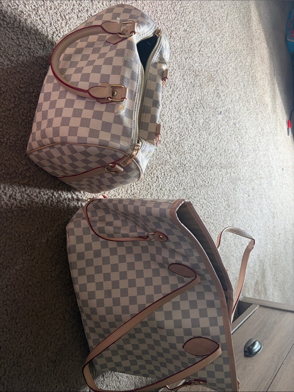 B2 lot of 2 Ivory Checkered Tote Bags, SEE ALL PICS